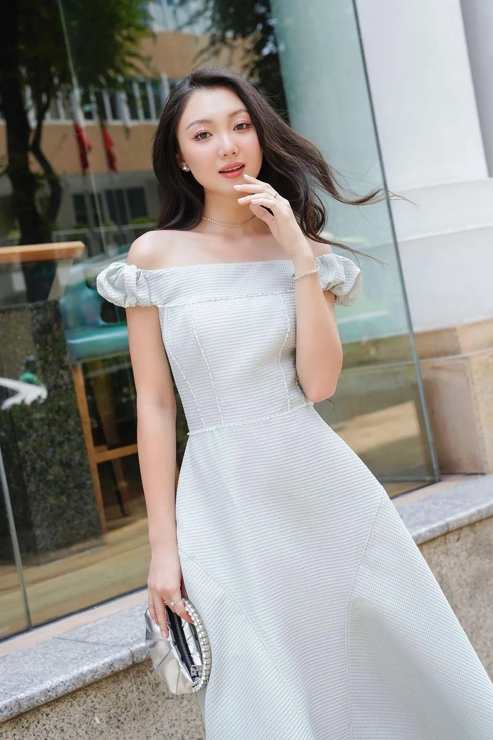 Angel Fit and Flare Off-Shoulder Foam Synthetic Midi Dress