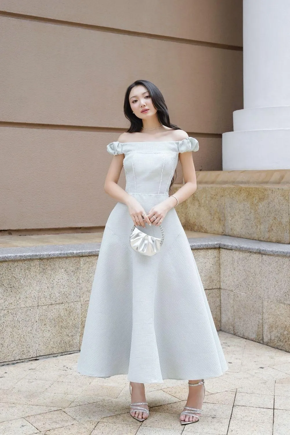 Angel Fit and Flare Off-Shoulder Foam Synthetic Midi Dress