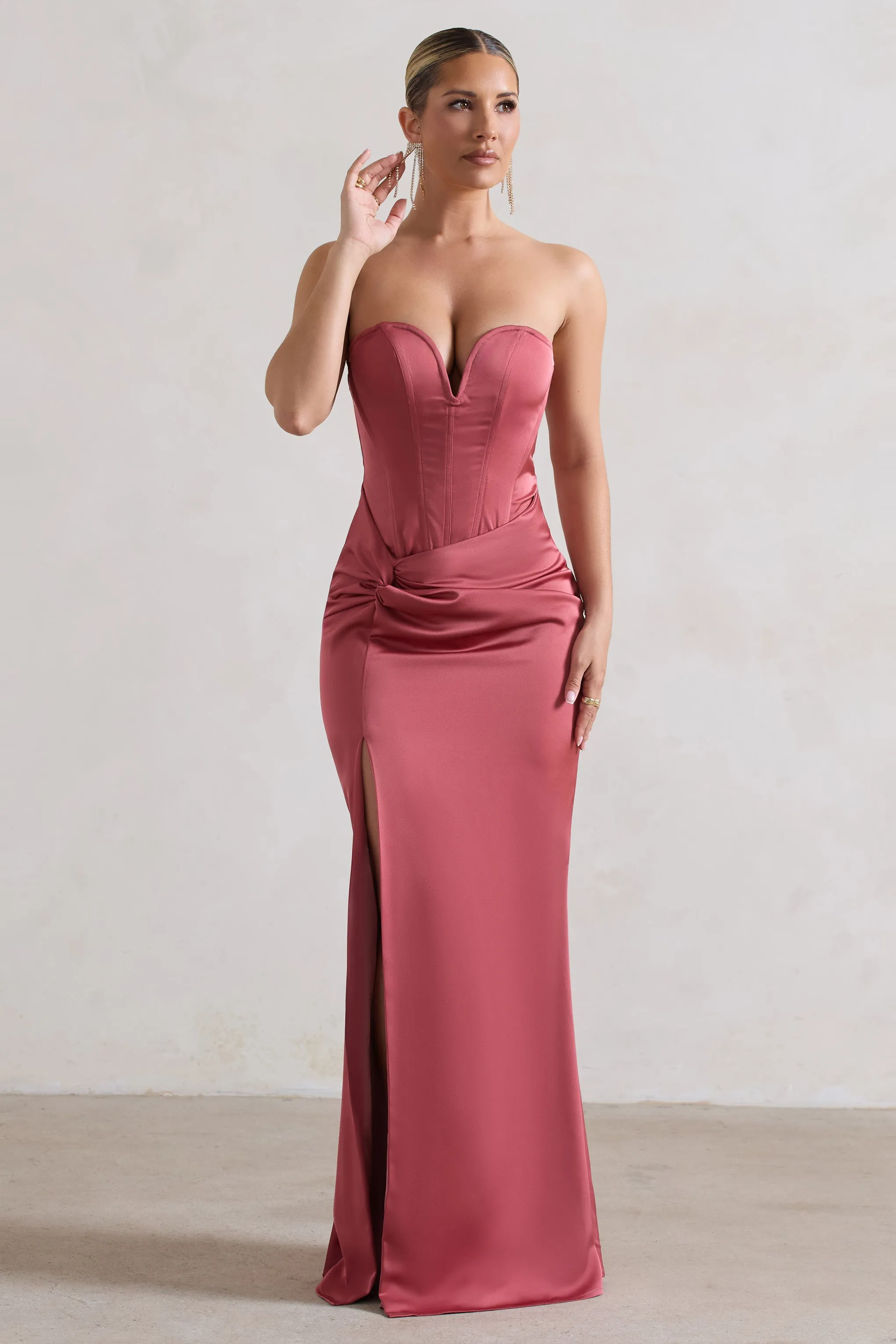 Ardelle | Rose Pink Satin Corseted Wrap Maxi Dress