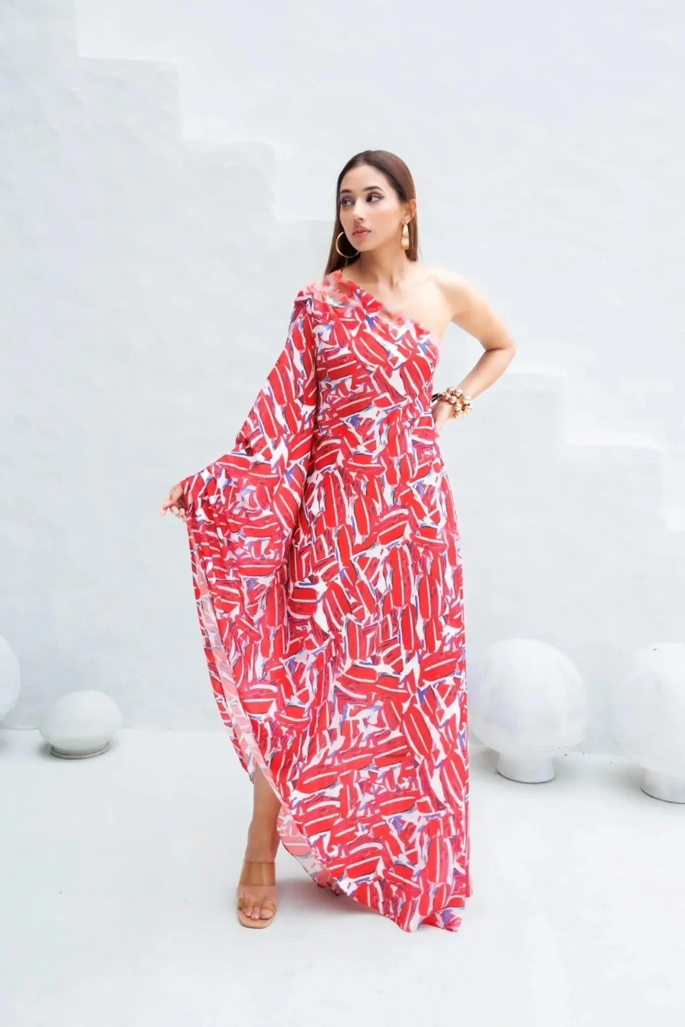 Art Print Off Shoulder Kaftan Dress