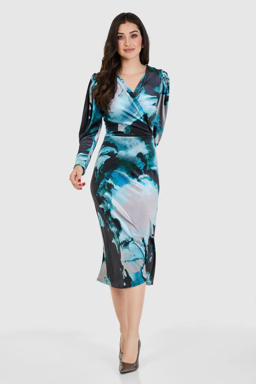 Ashta Velvet Wrap A-Line Midi Dress (Teal)