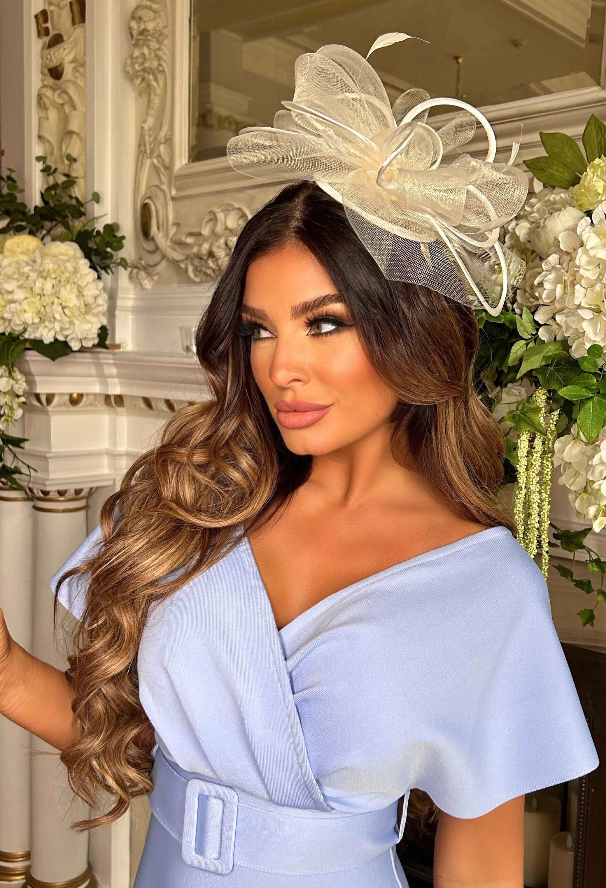 Be Romantic Baby Blue Belted Off Shoulder Bandage Dress