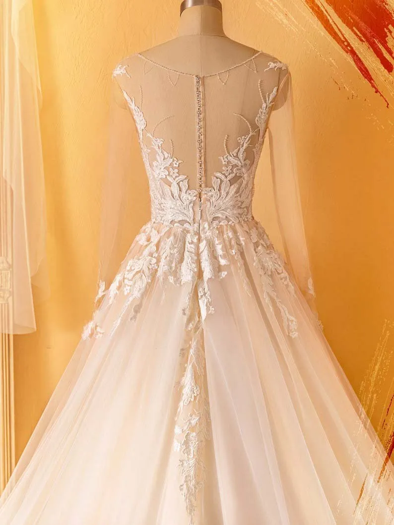 Beaded Neck Illusion Plunging Lace Tulle Wedding Dress