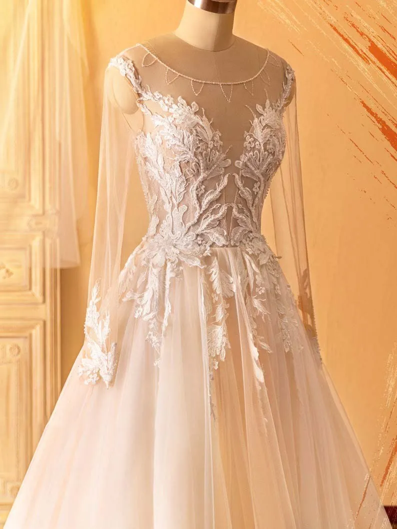 Beaded Neck Illusion Plunging Lace Tulle Wedding Dress