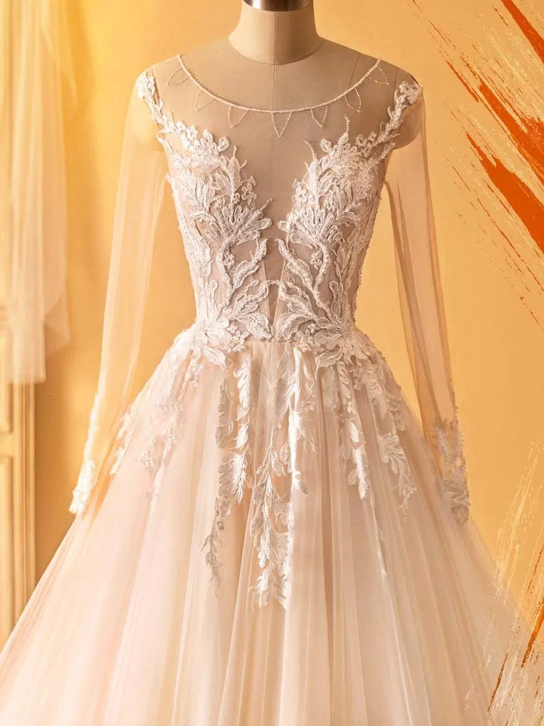 Beaded Neck Illusion Plunging Lace Tulle Wedding Dress