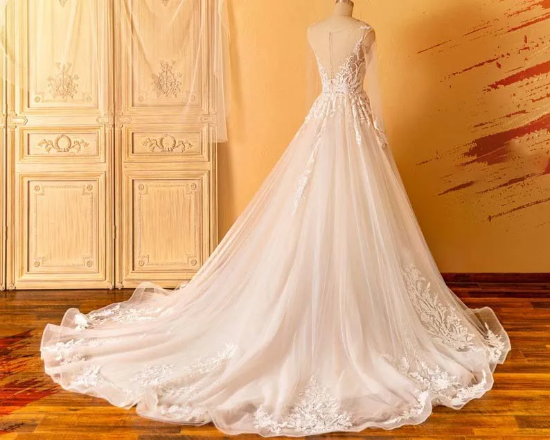 Beaded Neck Illusion Plunging Lace Tulle Wedding Dress