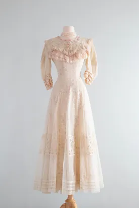 Beautiful 1900's Edwardian Net Lace & Pink Floral Wedding Tea Gown / Small