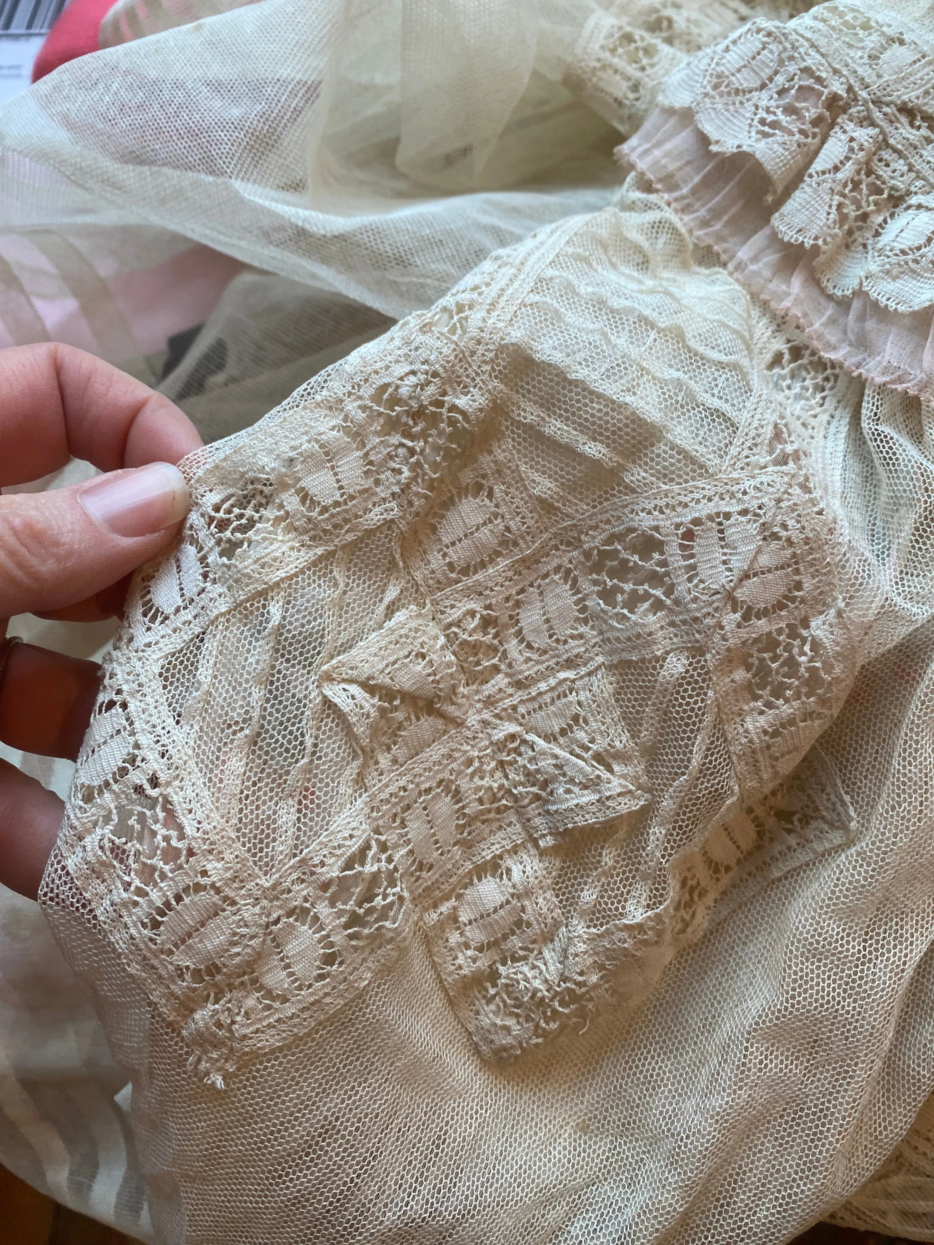 Beautiful 1900's Edwardian Net Lace & Pink Floral Wedding Tea Gown / Small