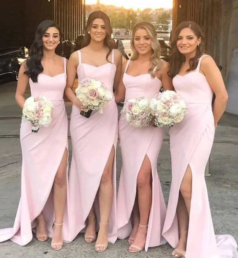 Beautiful Pink Satin Mermaid Sweetheart Bridesmaid Dresses With Split, BD096