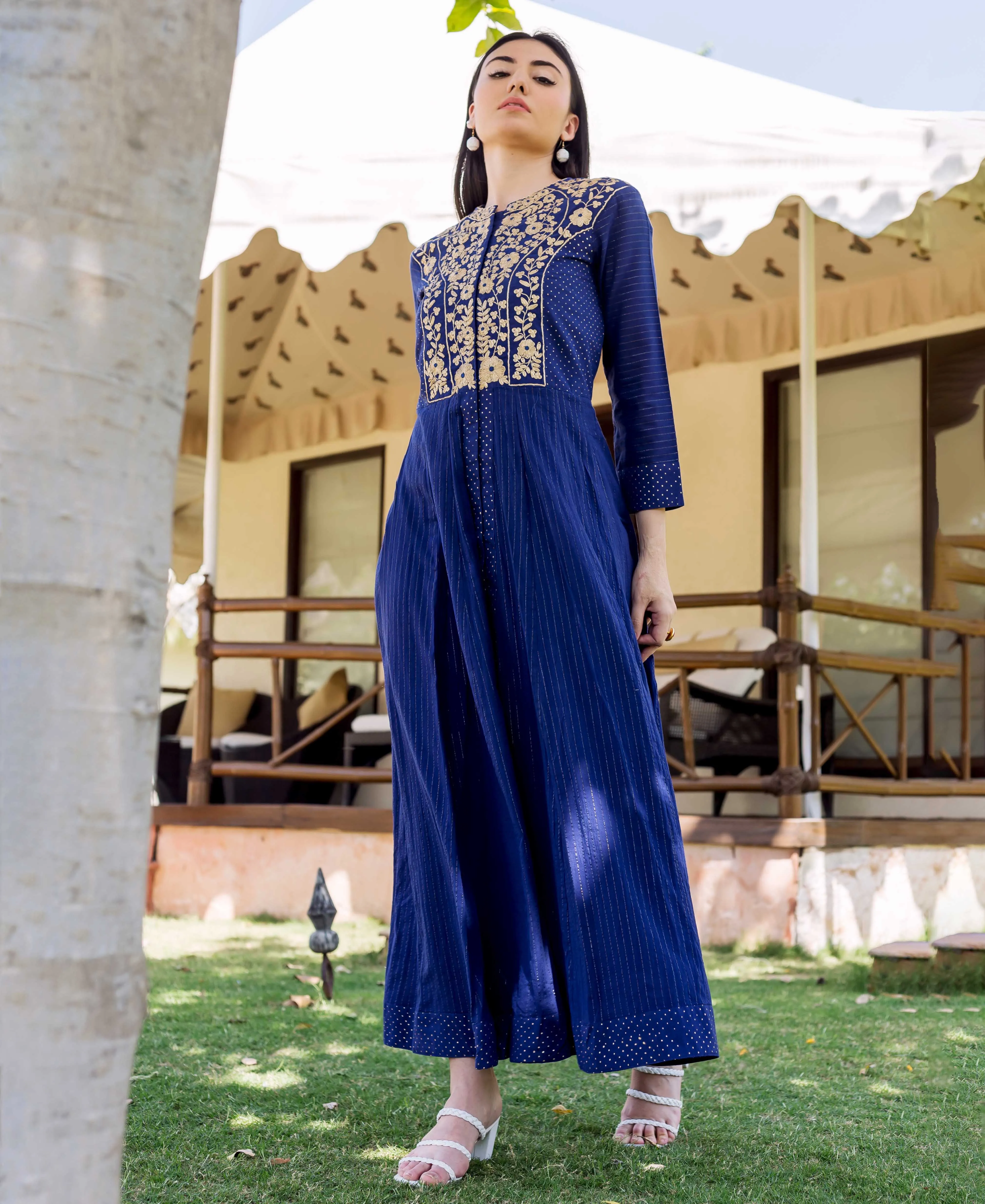 Bindhiya Royal Blue Printed and Embroidered Dress