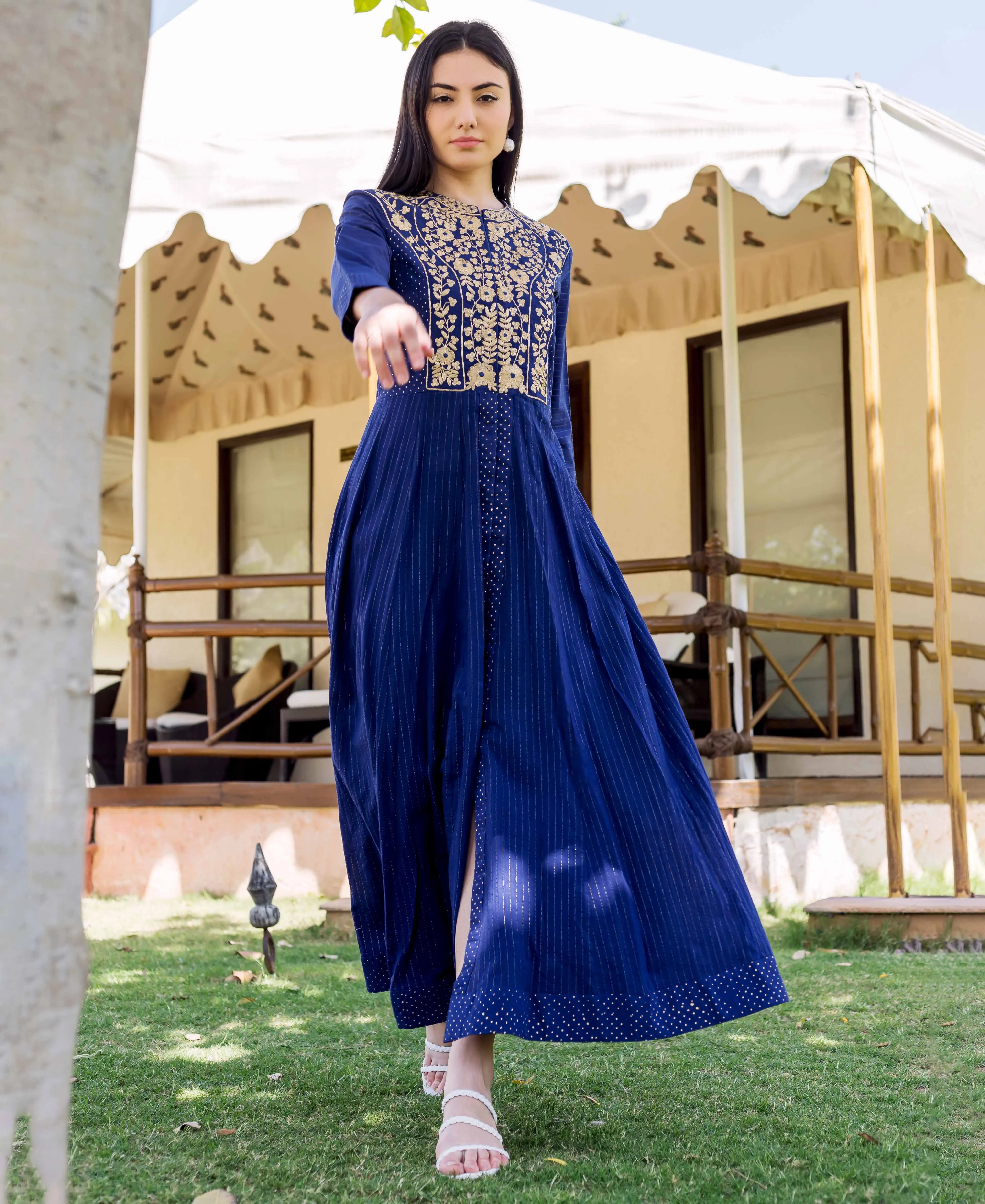 Bindhiya Royal Blue Printed and Embroidered Dress