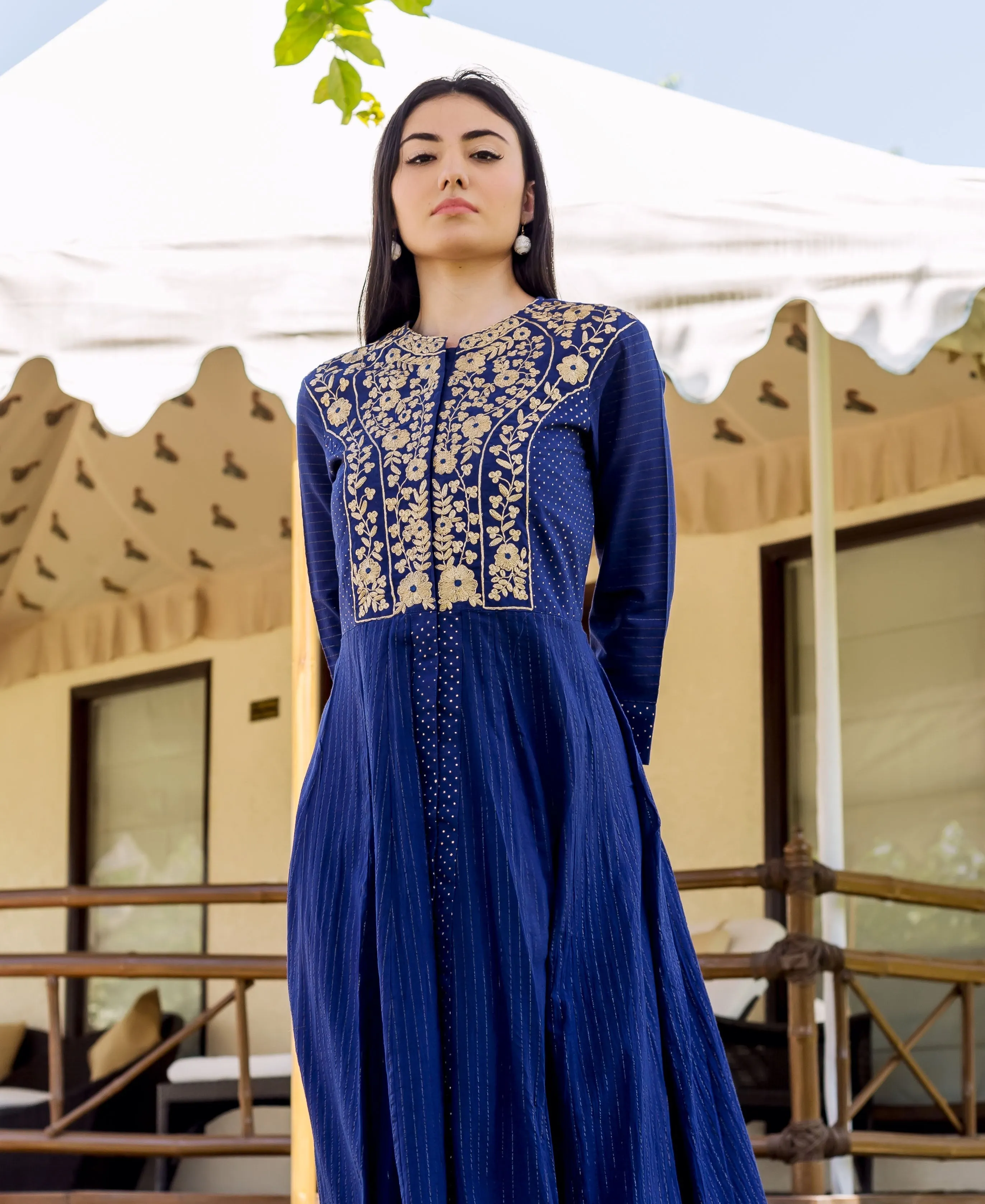 Bindhiya Royal Blue Printed and Embroidered Dress