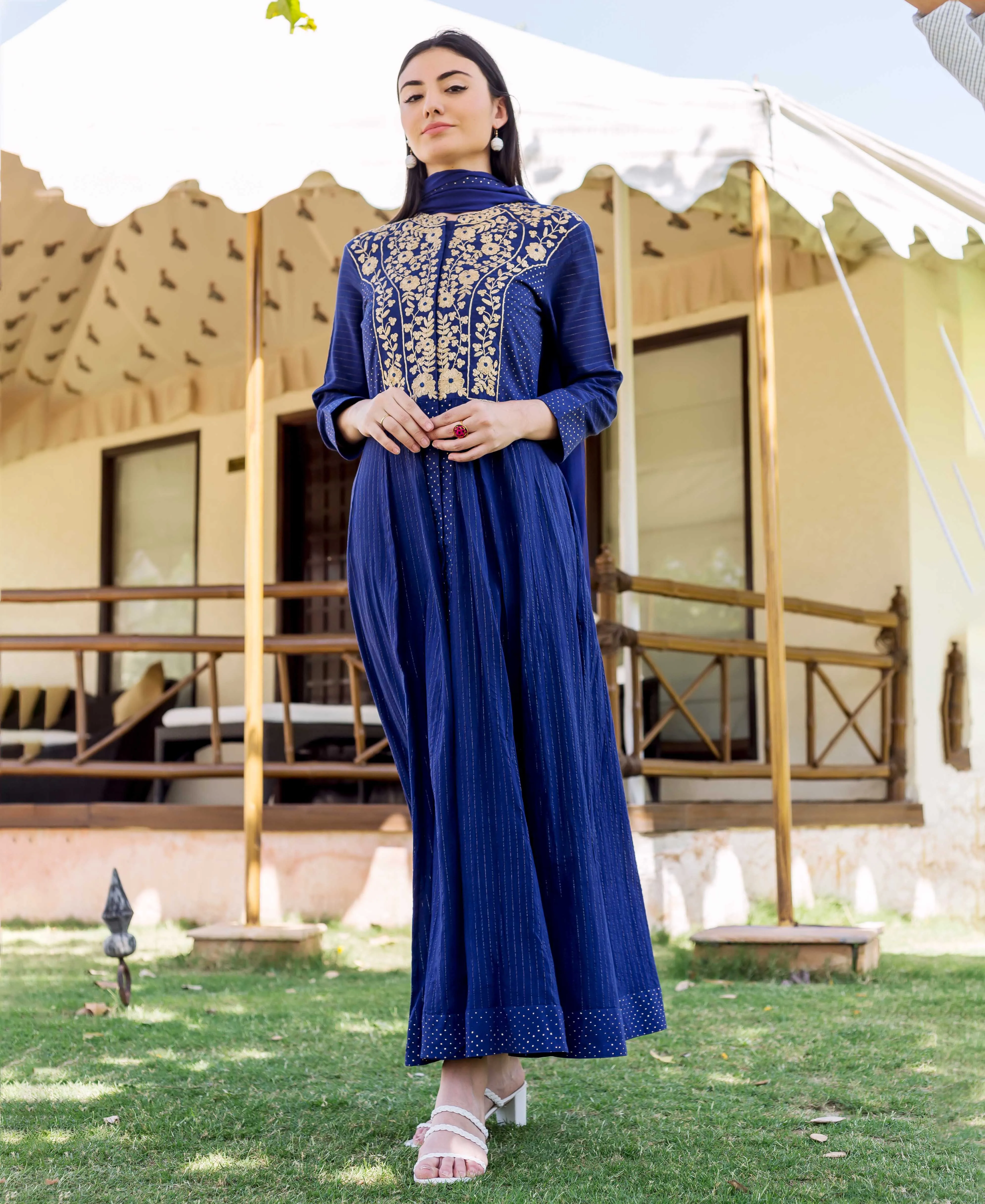 Bindhiya Royal Blue Printed and Embroidered Dress