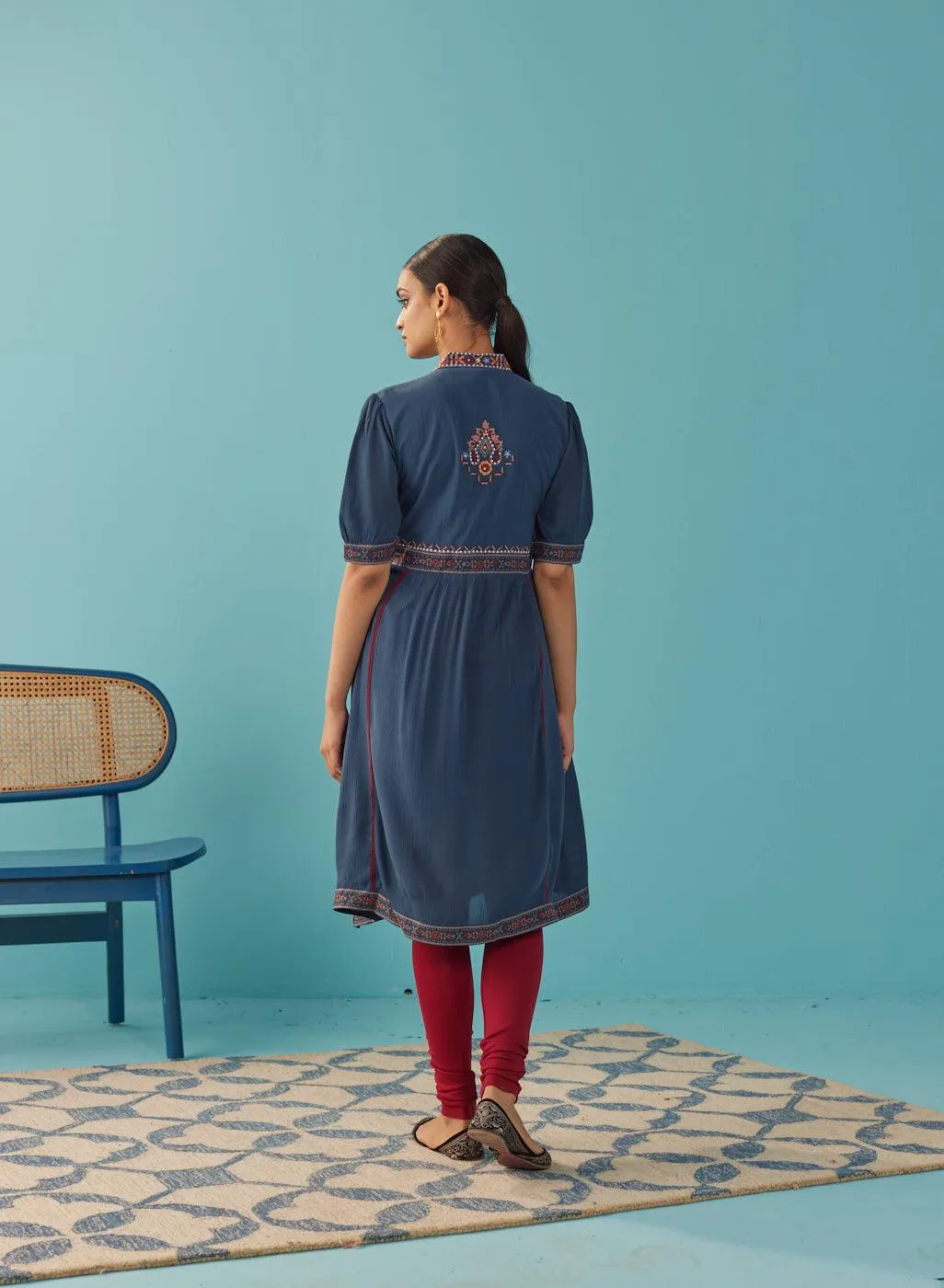 Blue A Line Dress with Puffed Sleeve and Stylized Neck