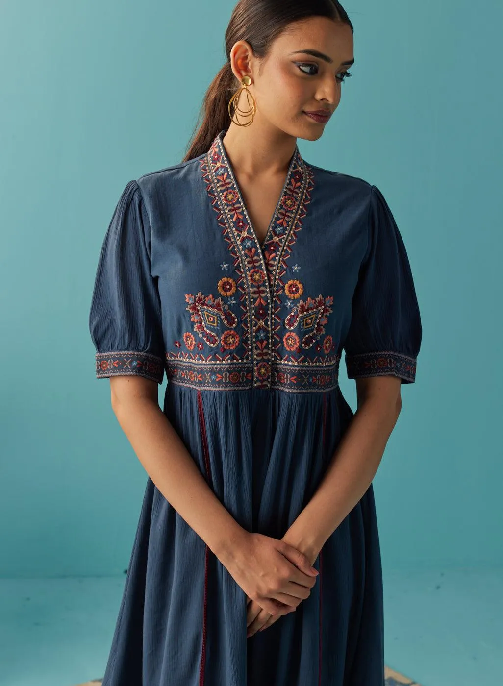 Blue A Line Dress with Puffed Sleeve and Stylized Neck