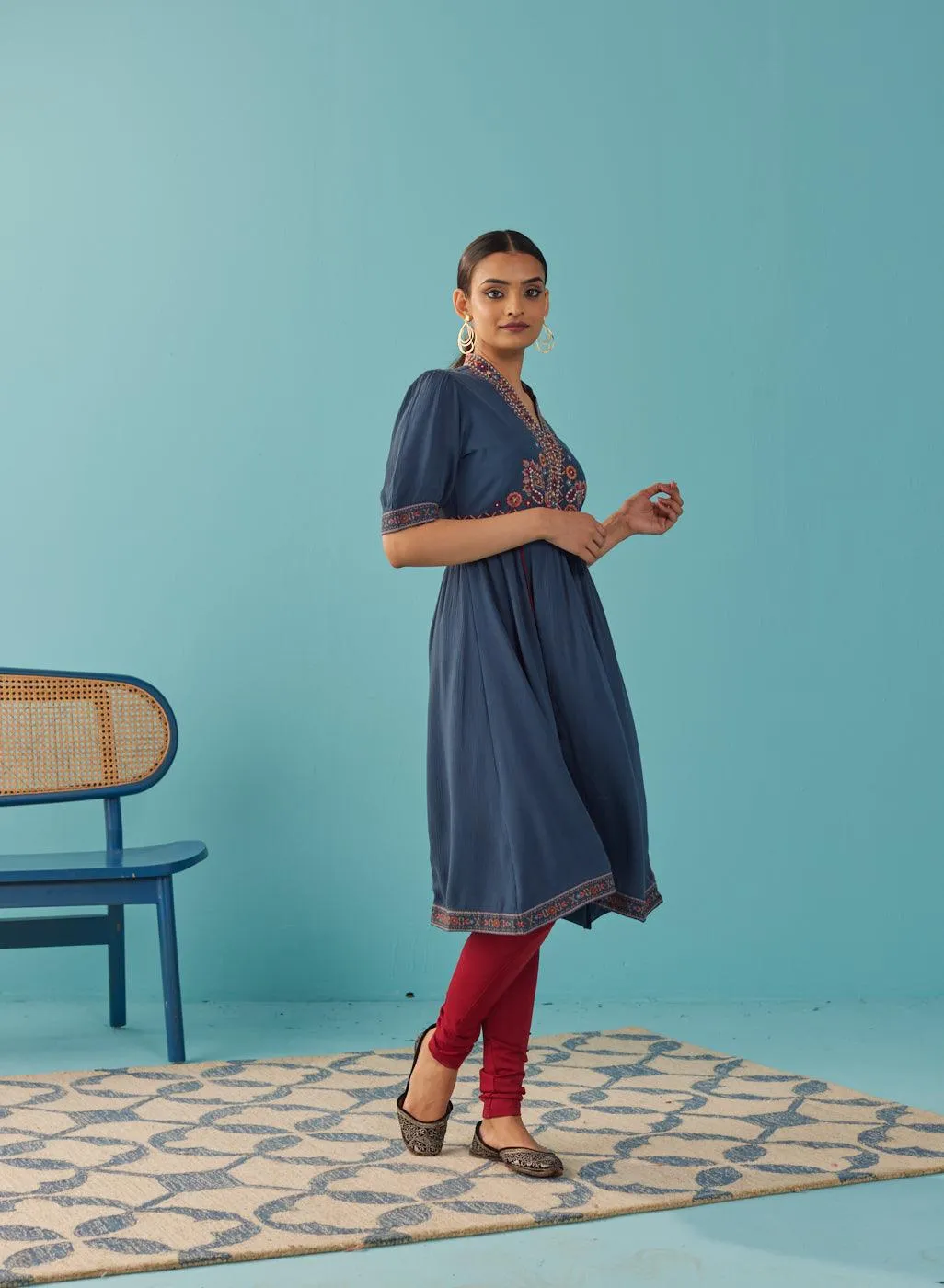 Blue A Line Dress with Puffed Sleeve and Stylized Neck