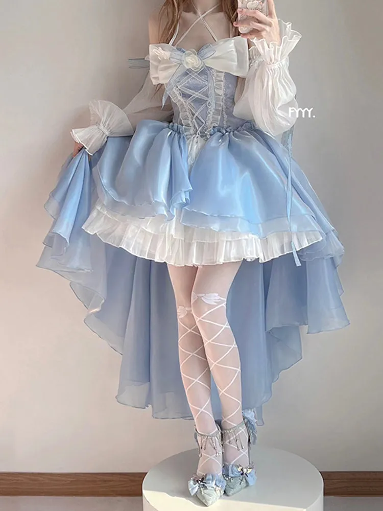 Blue Lolita Dress Flower Wedding Tail Princess Dress