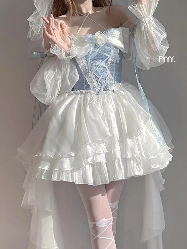 Blue Lolita Dress Flower Wedding Tail Princess Dress