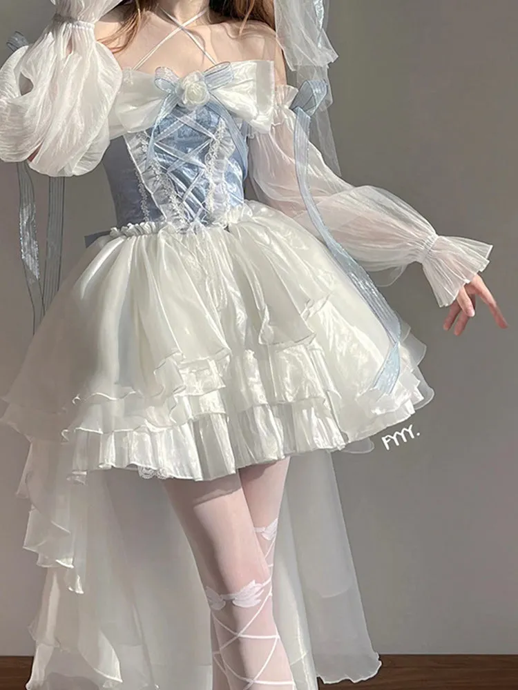 Blue Lolita Dress Flower Wedding Tail Princess Dress