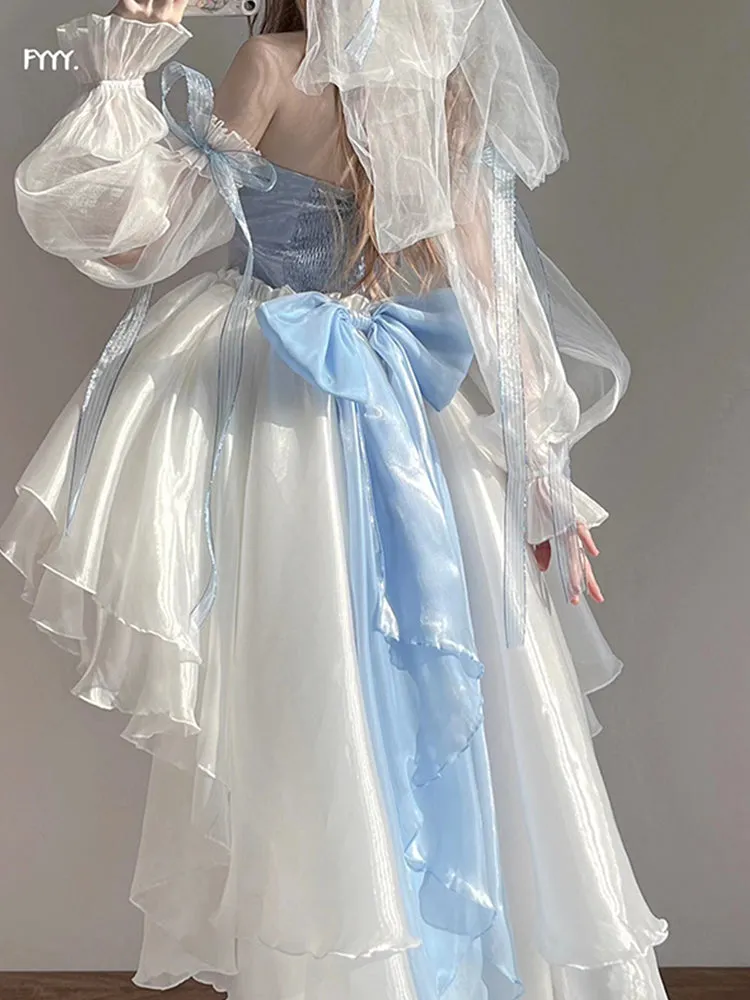 Blue Lolita Dress Flower Wedding Tail Princess Dress