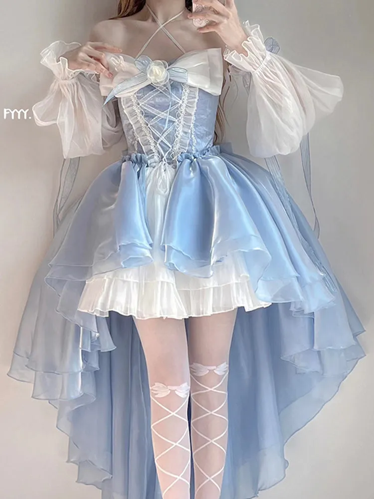 Blue Lolita Dress Flower Wedding Tail Princess Dress