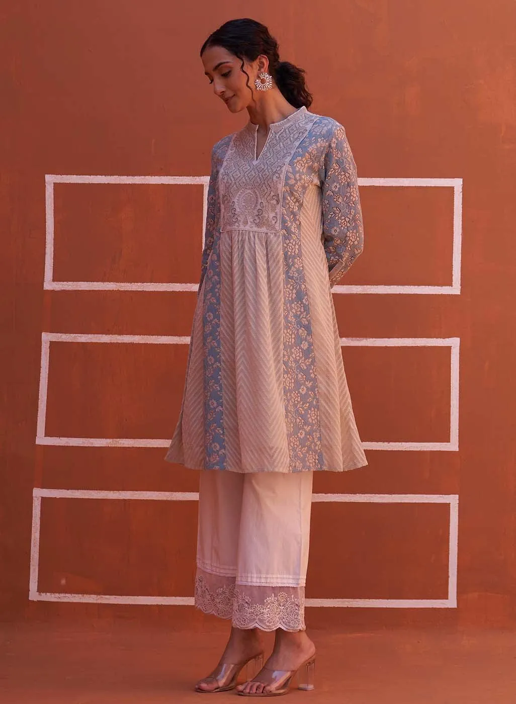 Blue schiffli A-Line Kurta with Yoke Sequins Work