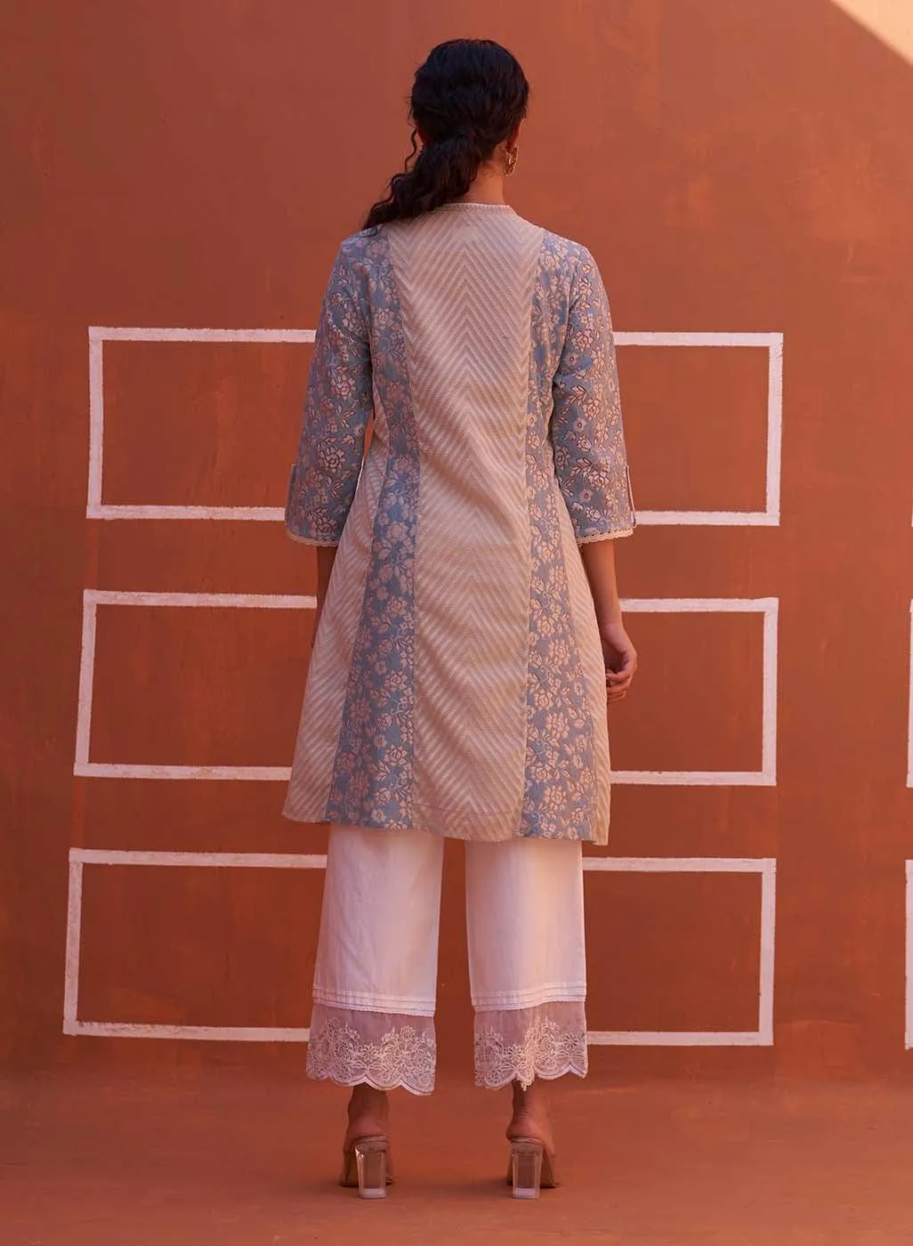 Blue schiffli A-Line Kurta with Yoke Sequins Work