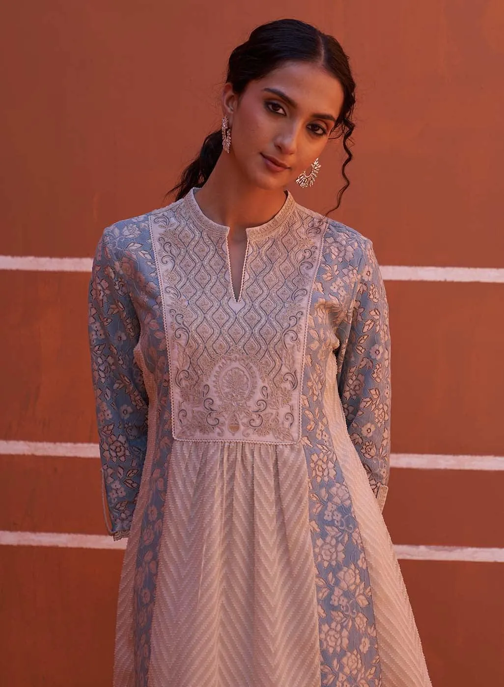 Blue schiffli A-Line Kurta with Yoke Sequins Work