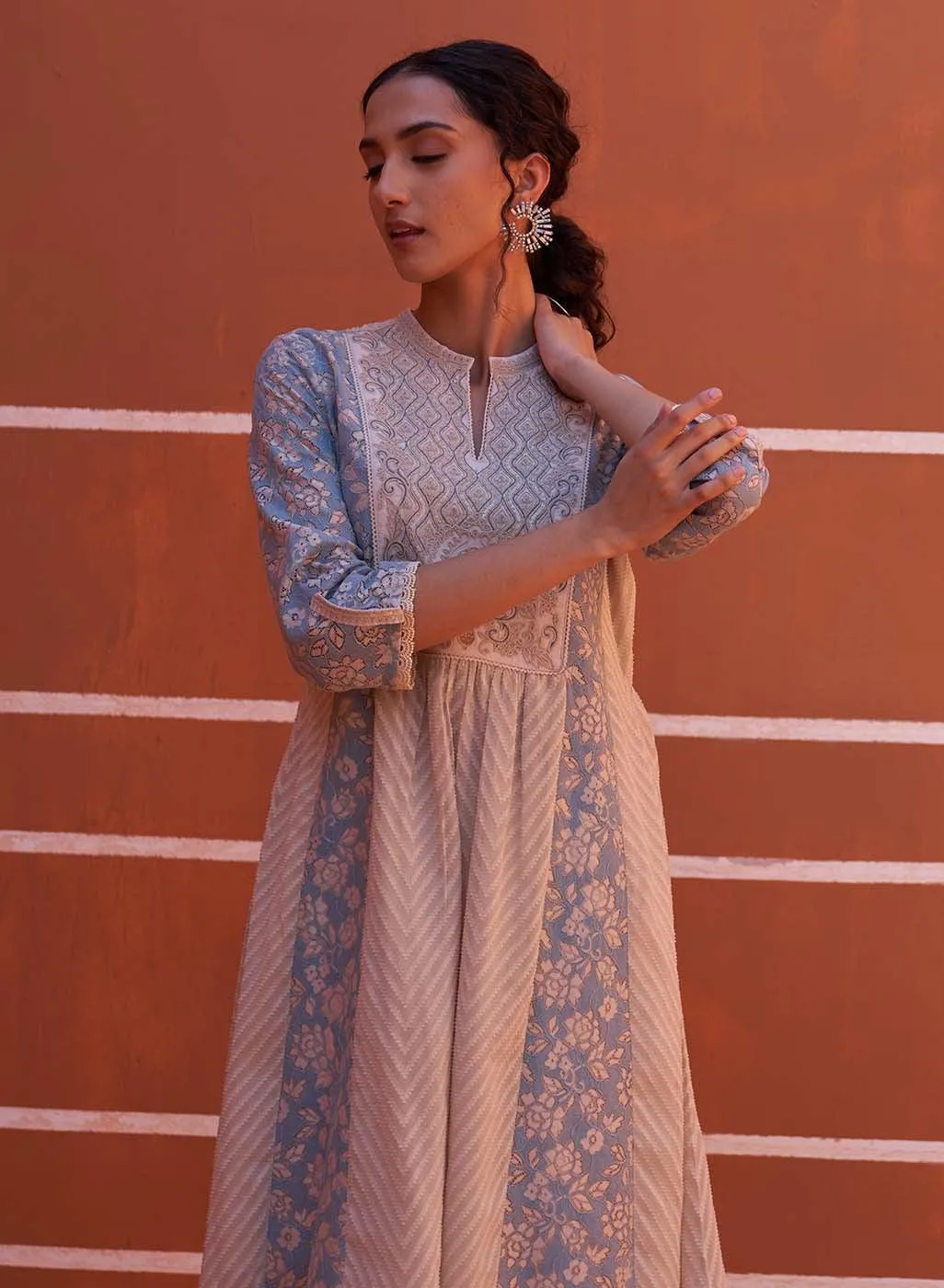 Blue schiffli A-Line Kurta with Yoke Sequins Work