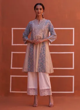 Blue schiffli A-Line Kurta with Yoke Sequins Work