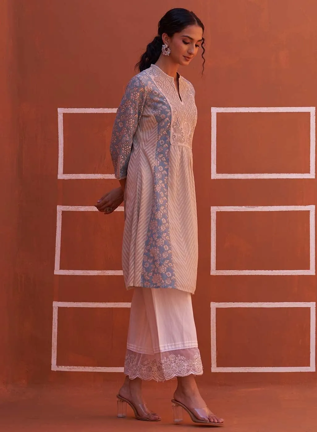 Blue schiffli A-Line Kurta with Yoke Sequins Work