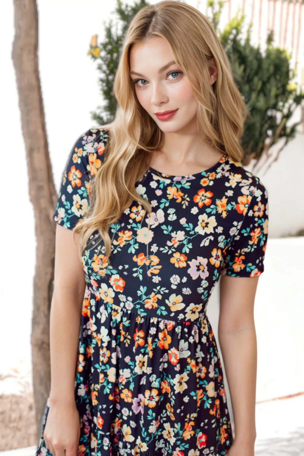 Blue Short Sleeve A-line Floral Dress