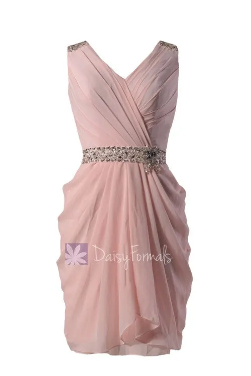 Blush Pink Party Dress Beaded V-Neck Pink Chiffon Bridesmaid Dress Short Pink Prom Dress (BM875)