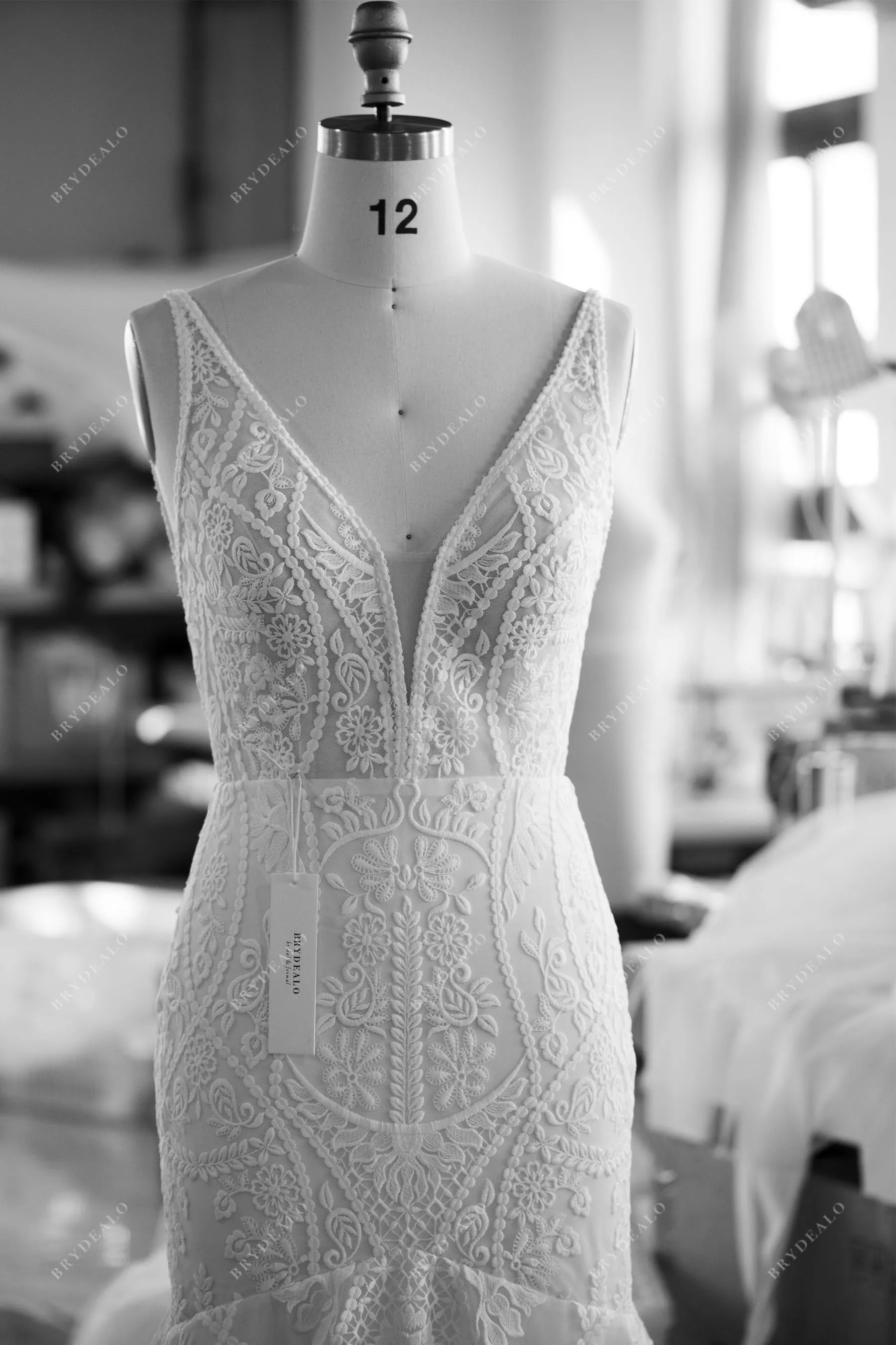 Boho Plunging Lace Mermaid Wedding Dress