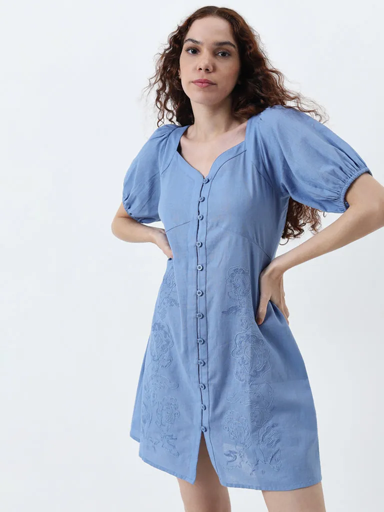 Bombay Paisley Blue Embroidered A-Line Cotton Blend Dress