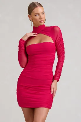 Bouquet Toss | Hot Pink Ruched Mesh Long-Sleeved Mini Dress