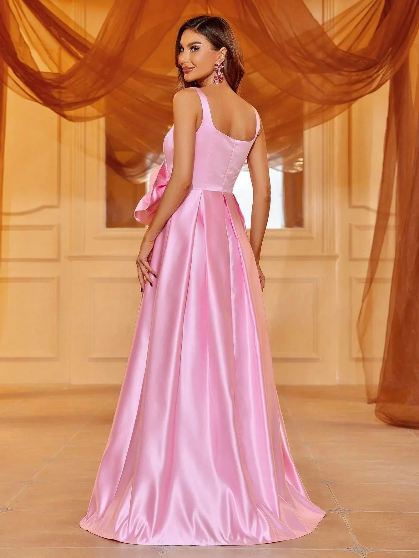 Bow Front Square Neck Sleeveless Satin Dress