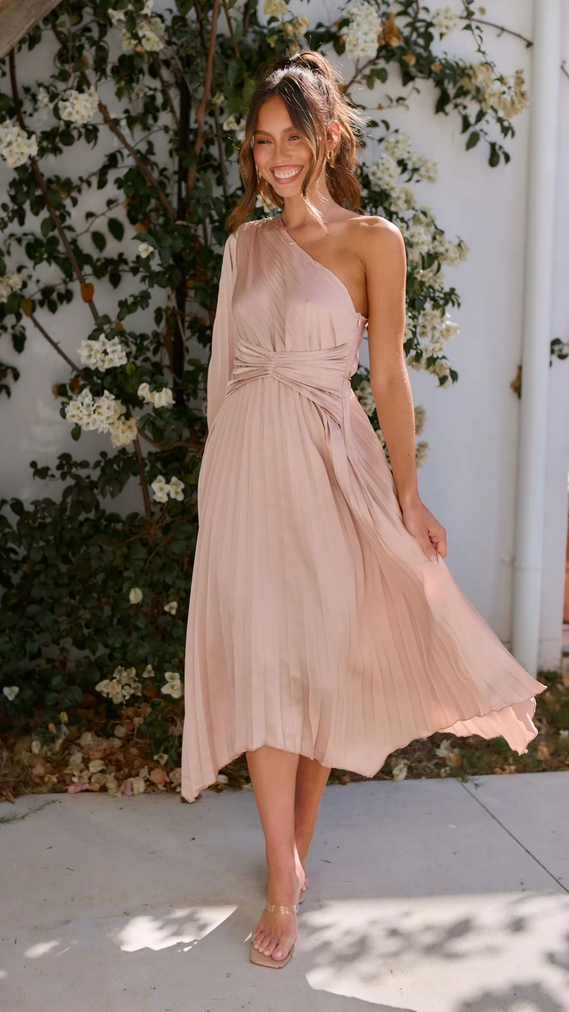 Brooklyn One Shoulder Midi Dress - Champagne