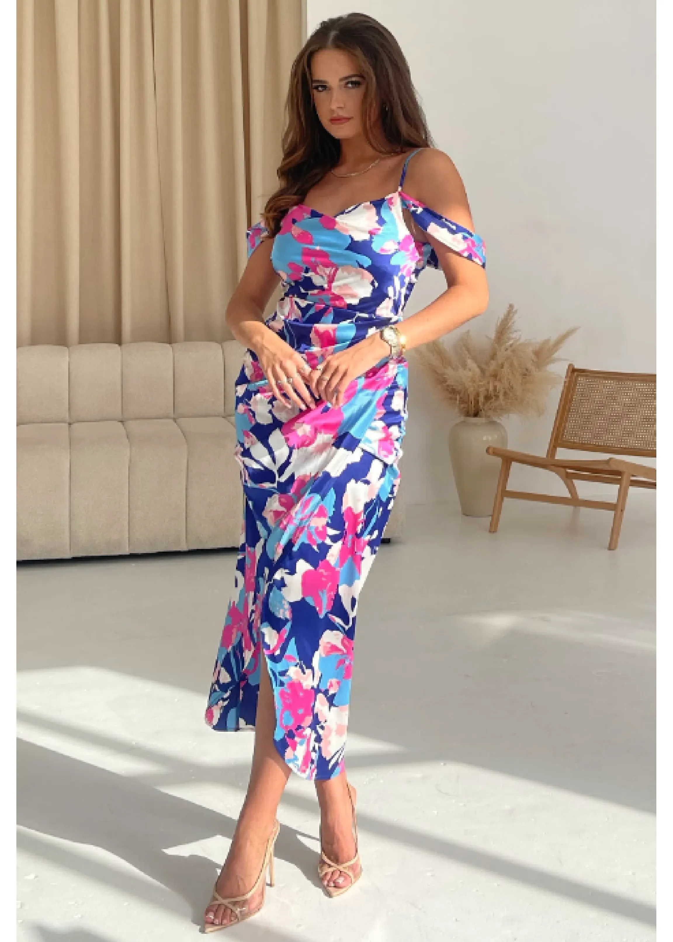 Camila Pink Blue Wrap Over Midi Dress