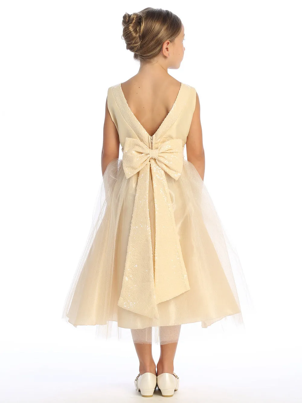 Champagne Flower Girl Dress w/ shantung & sparkle tulle with sequins