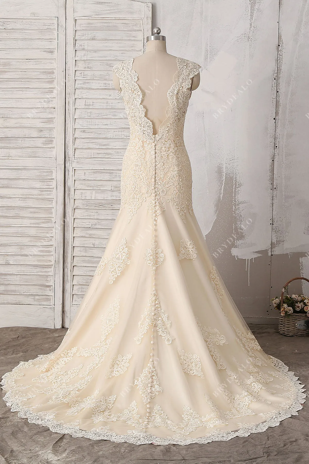 Champagne Lace V-Back Trumpet Long Wedding Dress