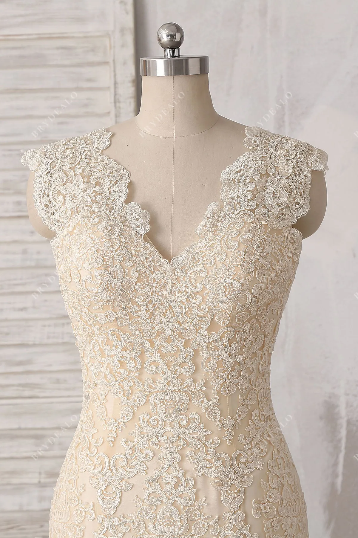 Champagne Lace V-Back Trumpet Long Wedding Dress