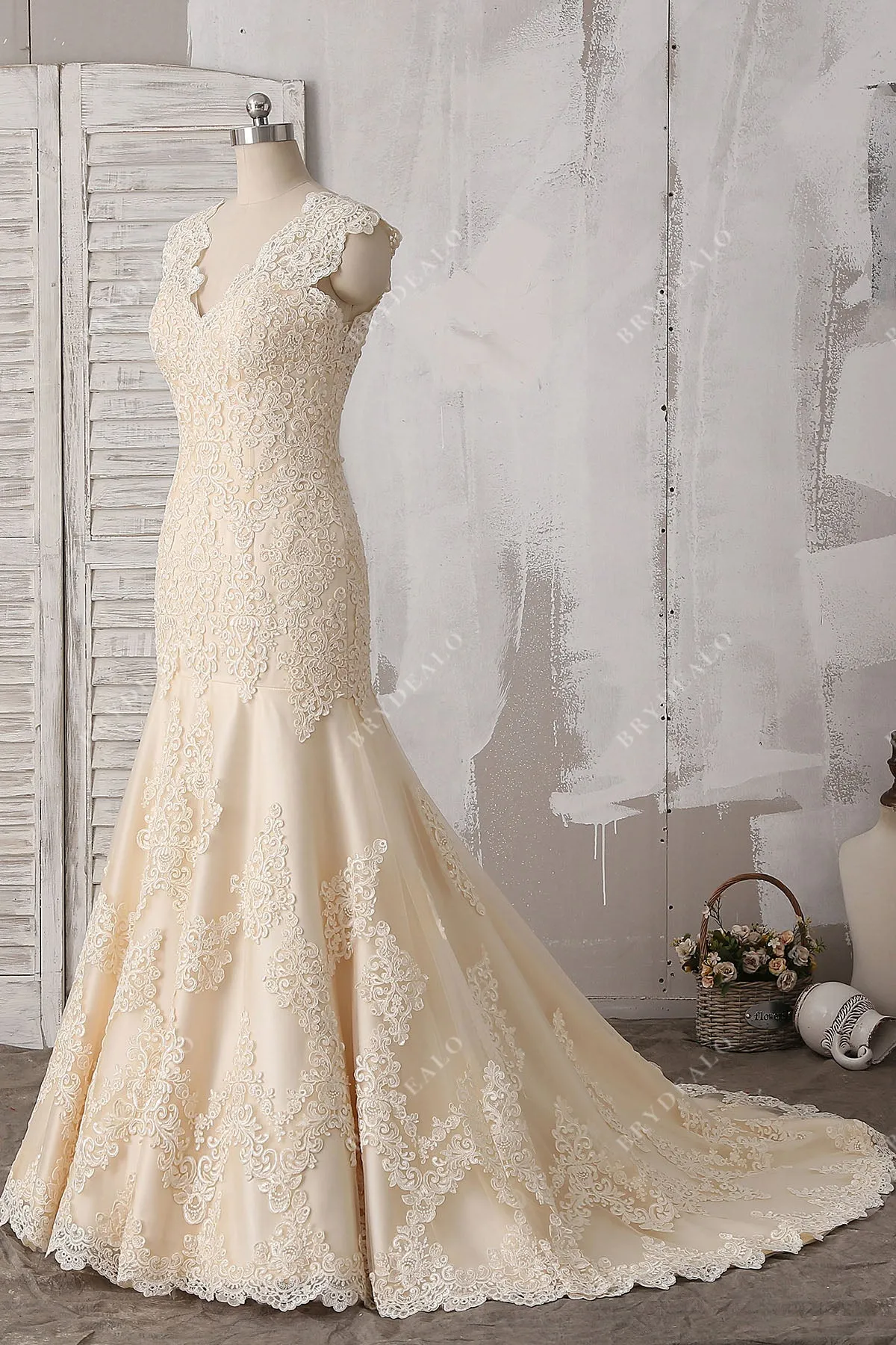 Champagne Lace V-Back Trumpet Long Wedding Dress