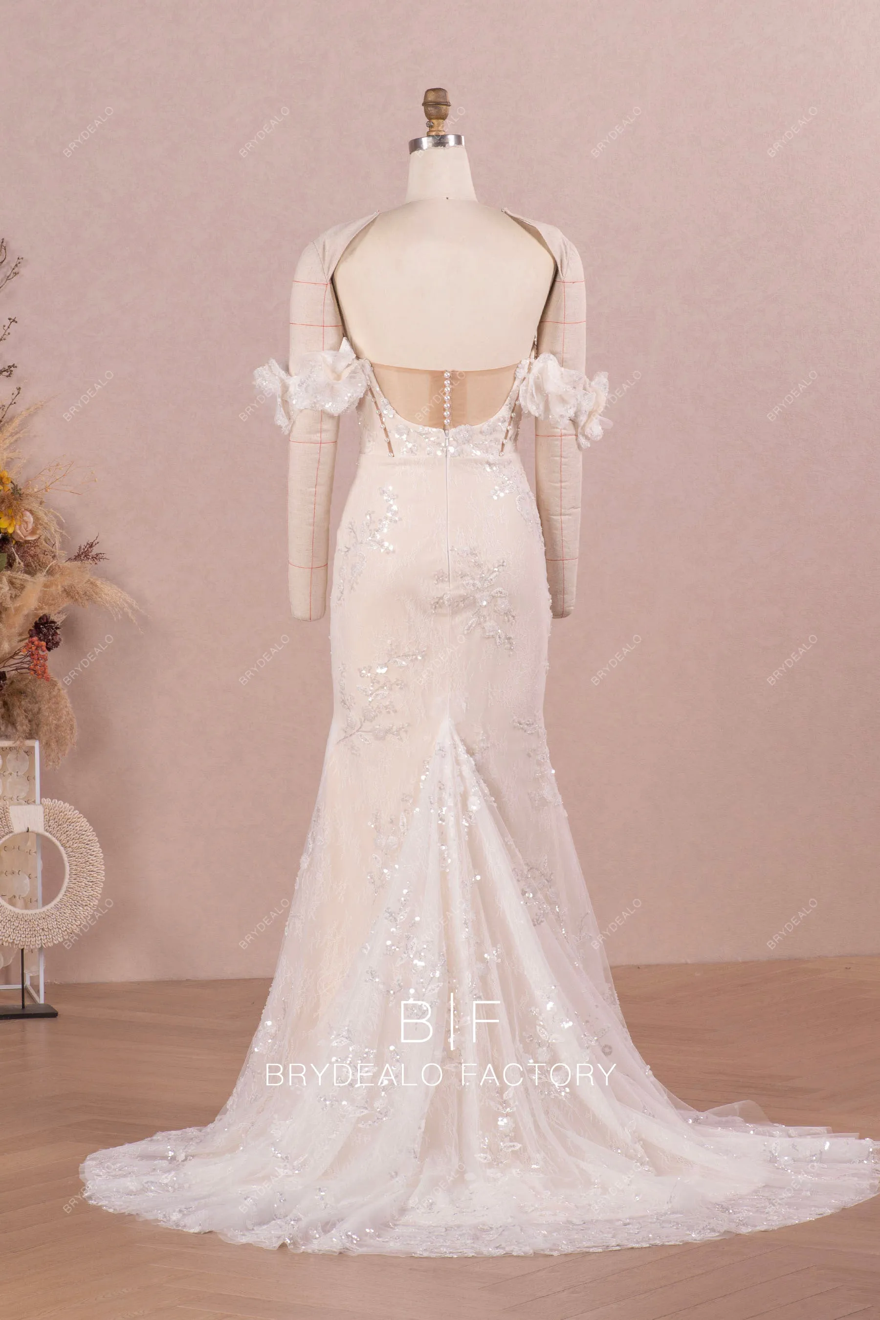 Champagne Mermaid Wedding Dress with Detachable Sleeves