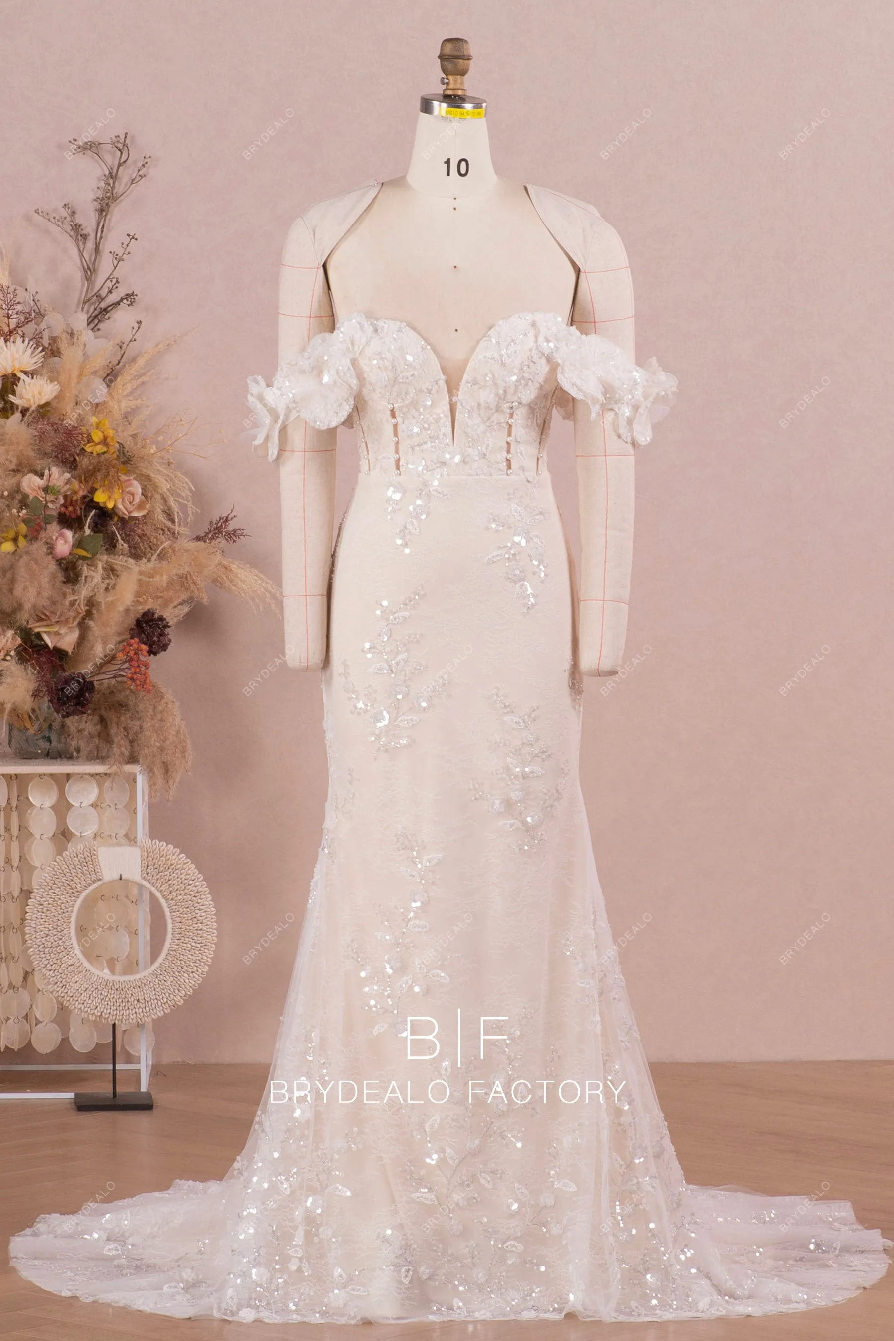 Champagne Mermaid Wedding Dress with Detachable Sleeves