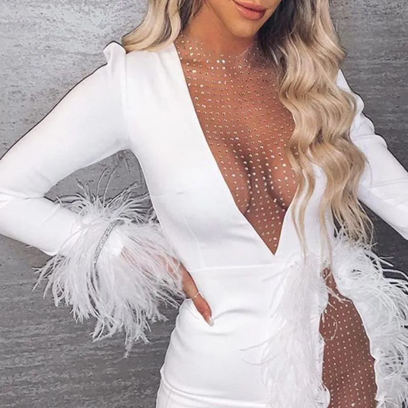 Classy Sequin Sheer Mesh White Maxi Dresses High Thigh Split