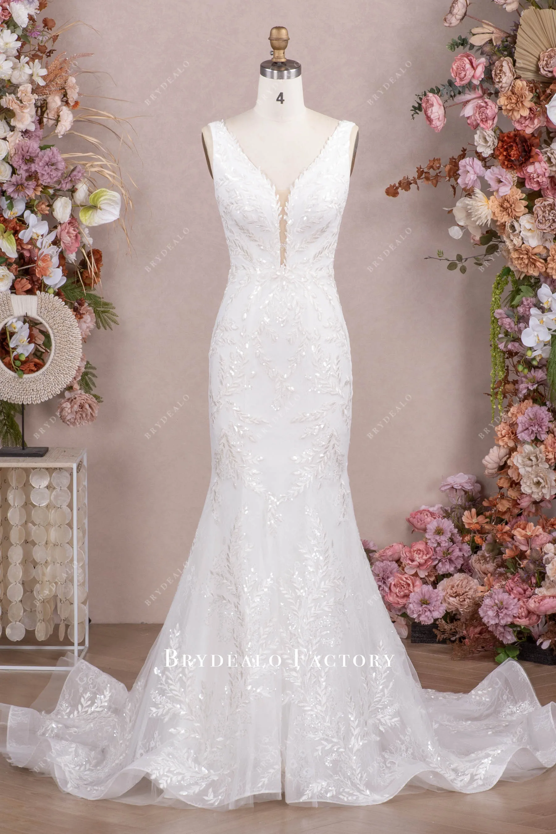 Clear Sequin Leaf Lace Mermaid Outdoor Wedding Dress