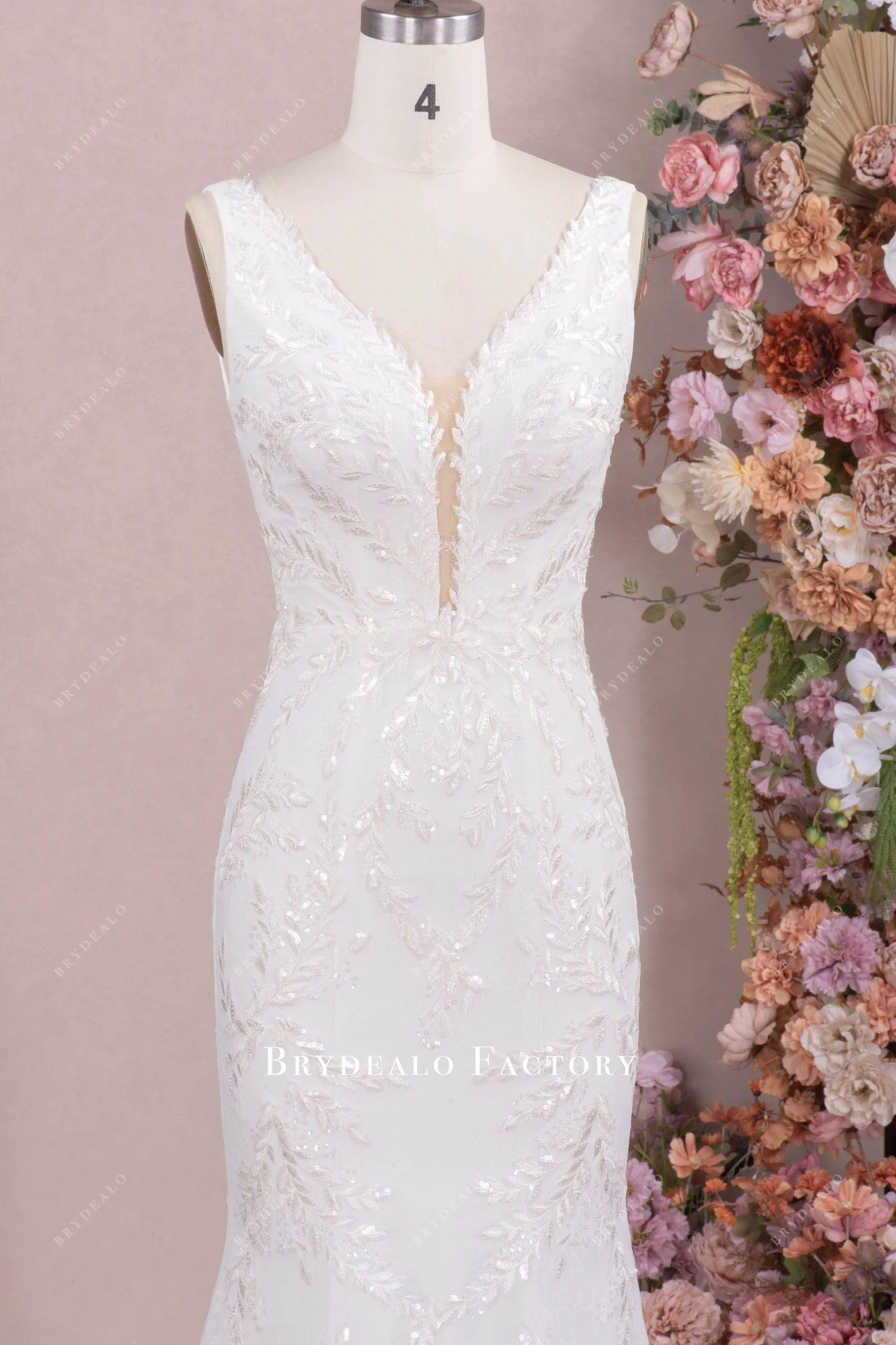 Clear Sequin Leaf Lace Mermaid Outdoor Wedding Dress