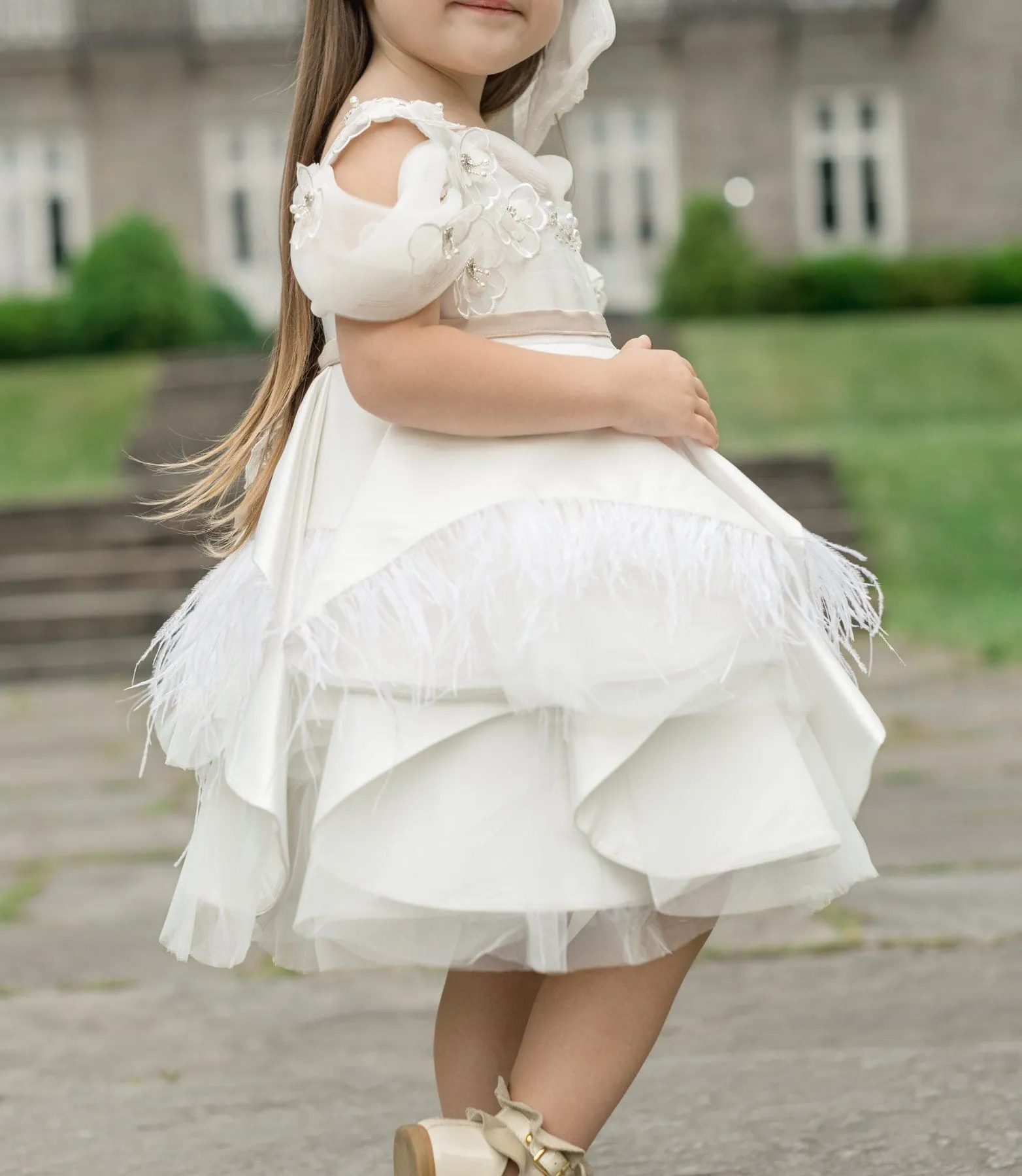 Constanza White Ceremony Dress with Champagne Bow