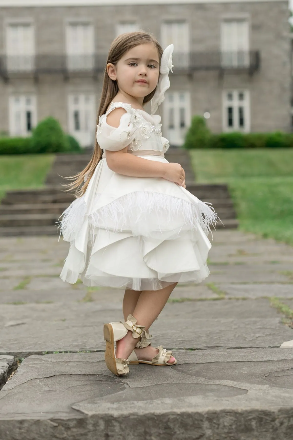 Constanza White Ceremony Dress with Champagne Bow